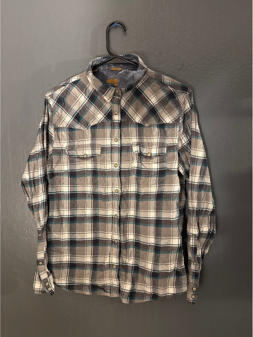 Jachs Girlfriend Men's Beige and Turquoise Plaid Button-Up Shirt Size M